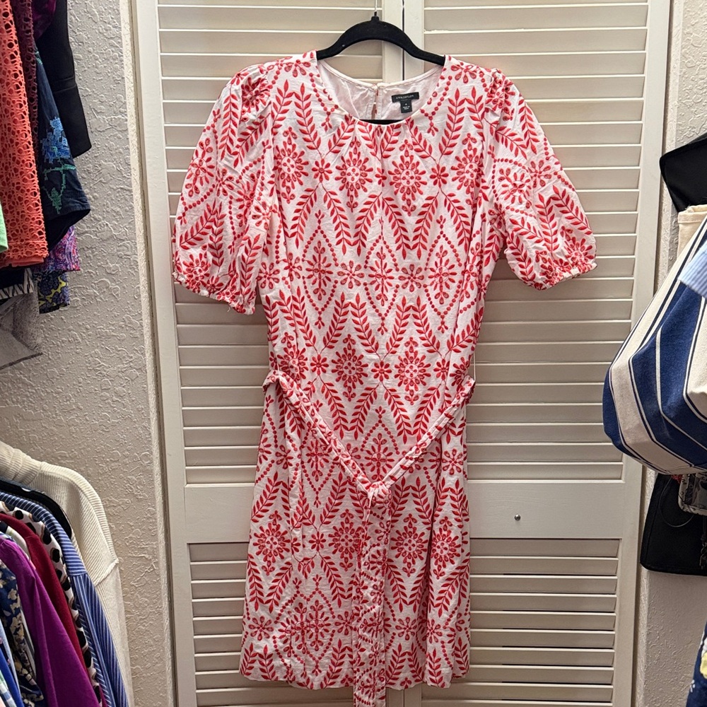Ann Taylor Red and White Patterned Midi Dress
